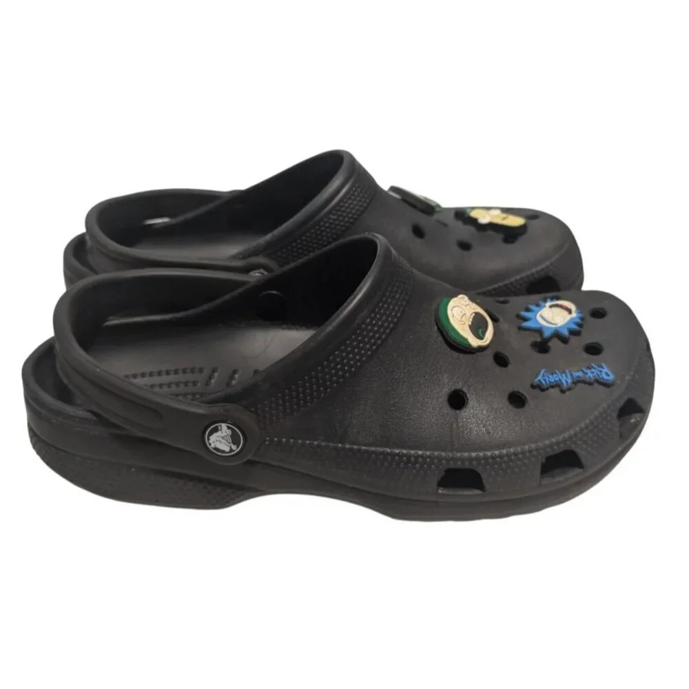 Crocs Classic Clogs Black Mens 9 Womens 11 with Rick and Morty Jibbitz Charms
